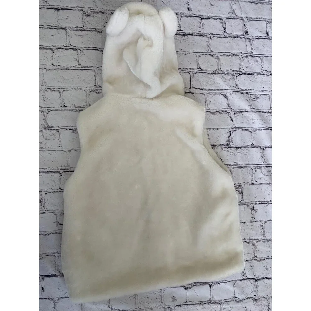 Fleece Polar Bear White‎ Faux Fur White Hooded Vest Size Small Youth Vintage Zip